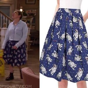 Women's Blue Cool Cat Sunglasses Fun Circle Pleated Midi Skirt with Pockets S